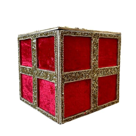 Red Velvet Gold Sequin Christmas Present Gift Box w/ Bow & Lid 7in Holiday Decor - Picture 11 of 15